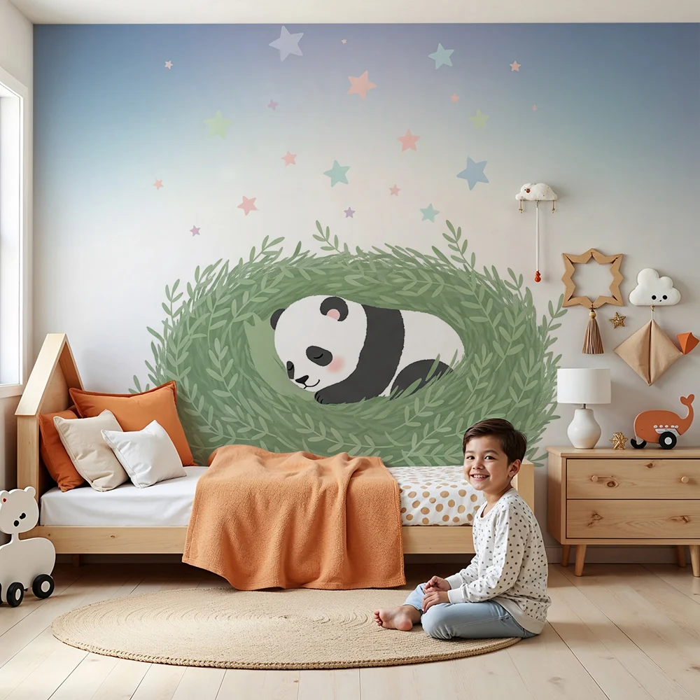 Tapéta babaszoba | Alvó panda egy zöld fészekben