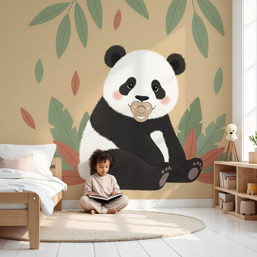 Tapéta babaszoba | Aranyos panda cumival és lombozattal