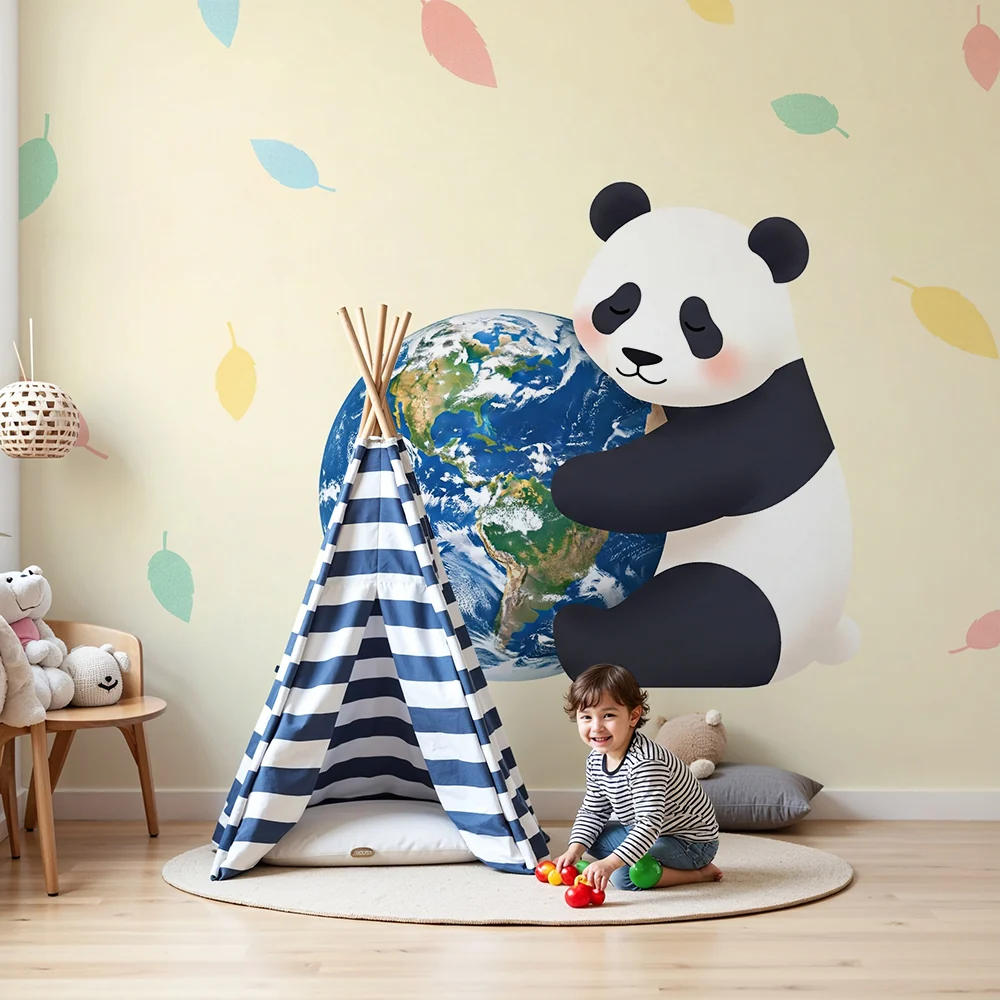 Tapéta bébyszoba | Ölelő panda Földdel színes levelekkel