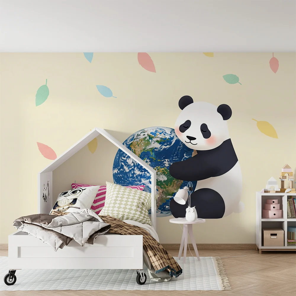Tapéta bébyszoba | Ölelő panda Földdel színes levelekkel