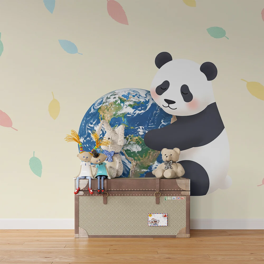 Tapéta bébyszoba | Ölelő panda Földdel színes levelekkel