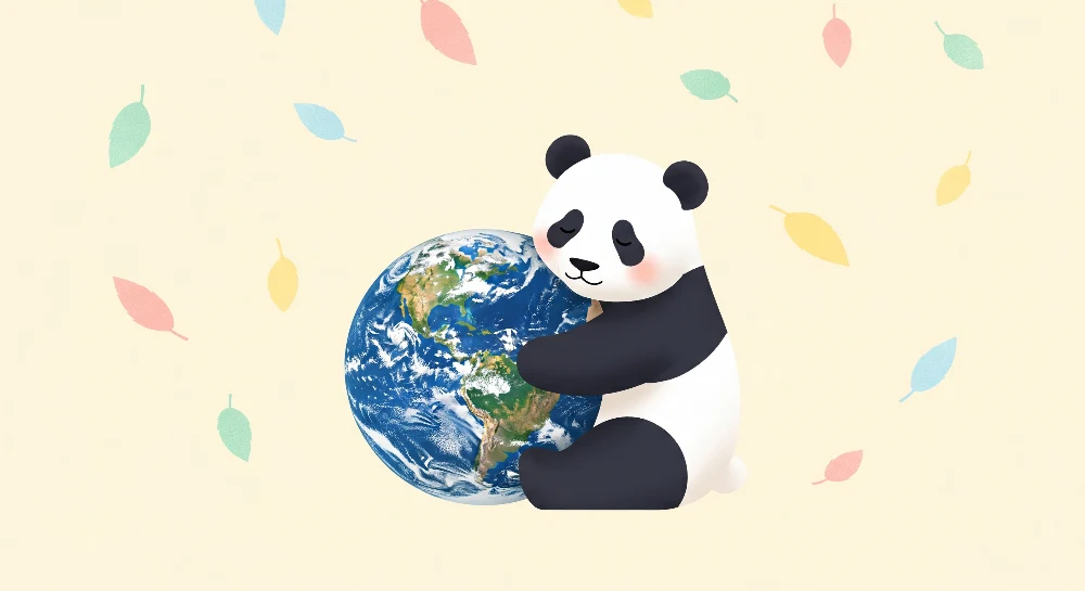 Tapéta bébyszoba | Ölelő panda Földdel színes levelekkel