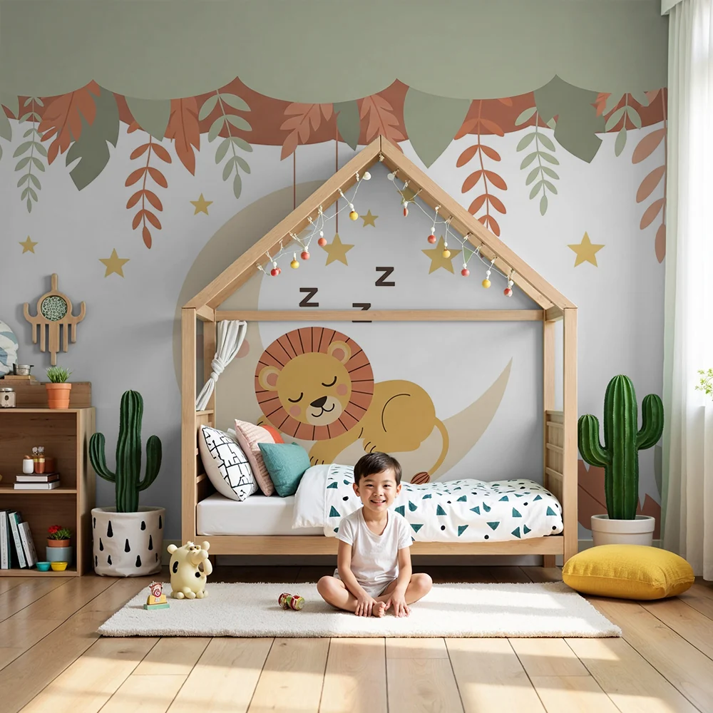 Tapéta gyerekszobába | Alvó oroszlán holdon, szalmaszín és terrakotta színekben