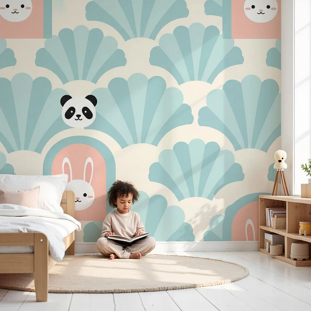 Tapéta gyerekszobába | Aranyos panda és nyuszi illusztrációk kagylóháttérrel