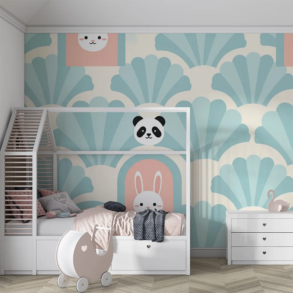 Tapéta gyerekszobába | Aranyos panda és nyuszi illusztrációk kagylóháttérrel