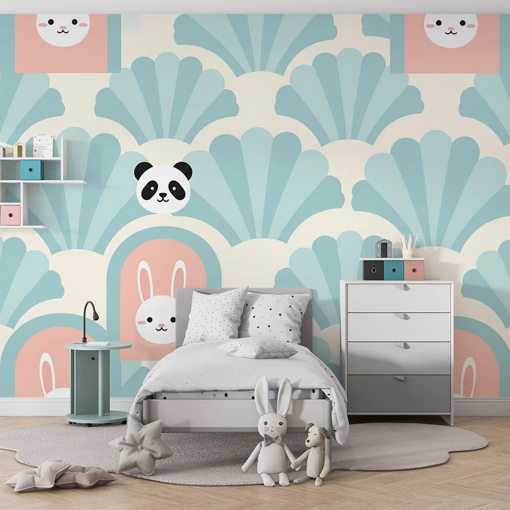 Tapéta gyerekszobába | Aranyos panda és nyuszi illusztrációk kagylóháttérrel