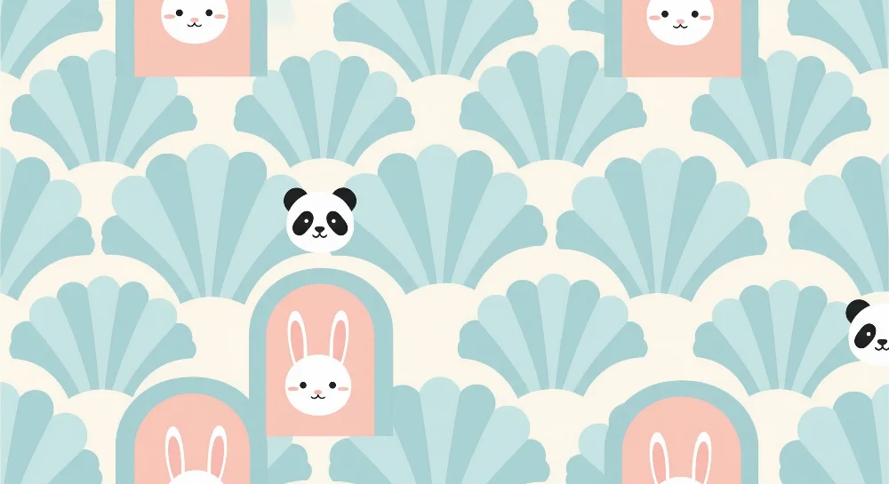 Tapéta gyerekszobába | Aranyos panda és nyuszi illusztrációk kagylóháttérrel