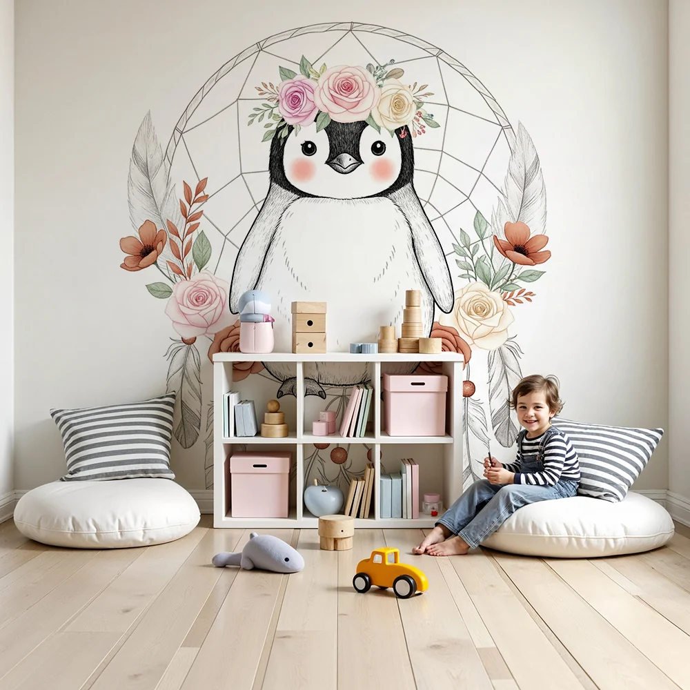 Tapéta gyerekszobába | Aranyos pingvin virágokkal és álomfogóval