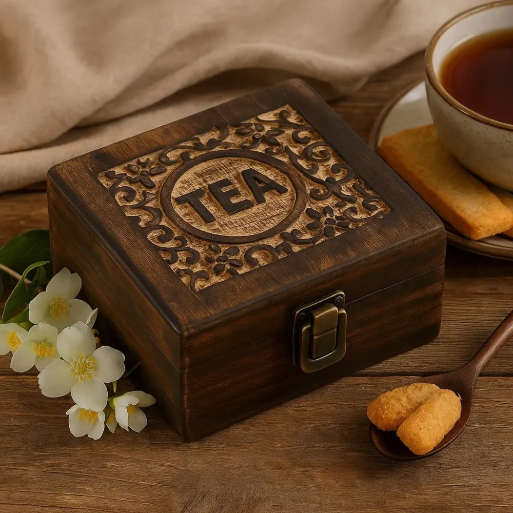 Tea doboz mangófa 4 rekesszel virágmintás faragással