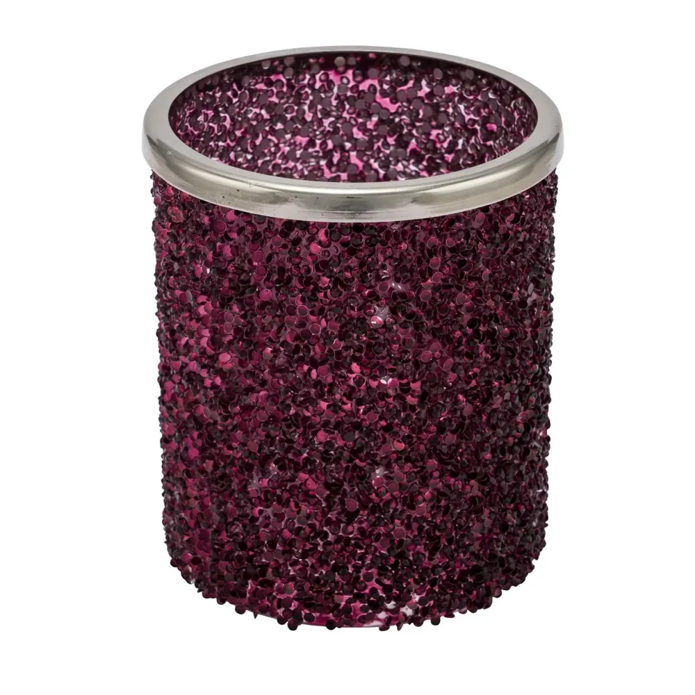 Üveg mécsestartó gyertyatartó lila glitteres 10,5x12 cm