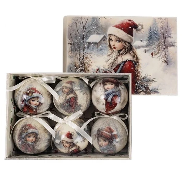 Vintage Gömb karácsonyfadísz díszdobozban - 6 darabos 6 cm - lány Mikulásruhában