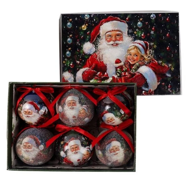 Vintage Gömb karácsonyfadísz díszdobozban - 6 darabos 6 cm - Mikulás kislánnyal