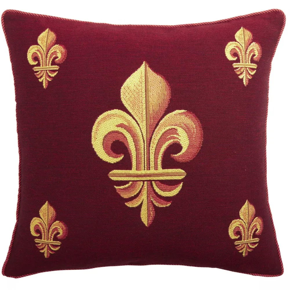 Piros párnahuzat, öt arany liliommal (fleur-de-lis) (jacquard szövés)