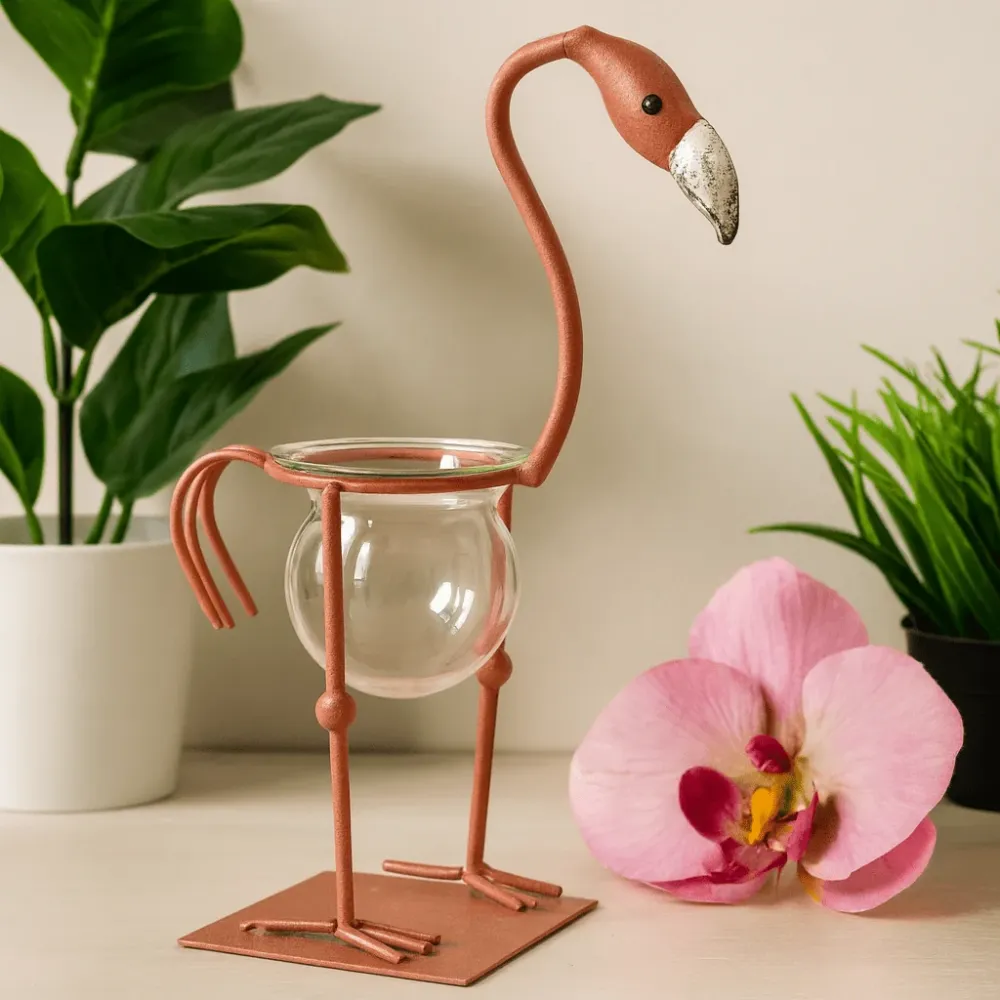 Hidropónikus cserép rózsaszín fém flamingó virágtartó