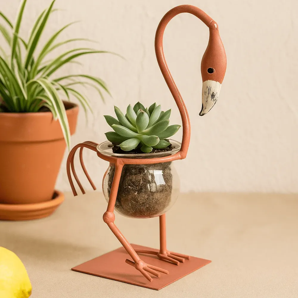 Hidropónikus cserép rózsaszín fém flamingó váza