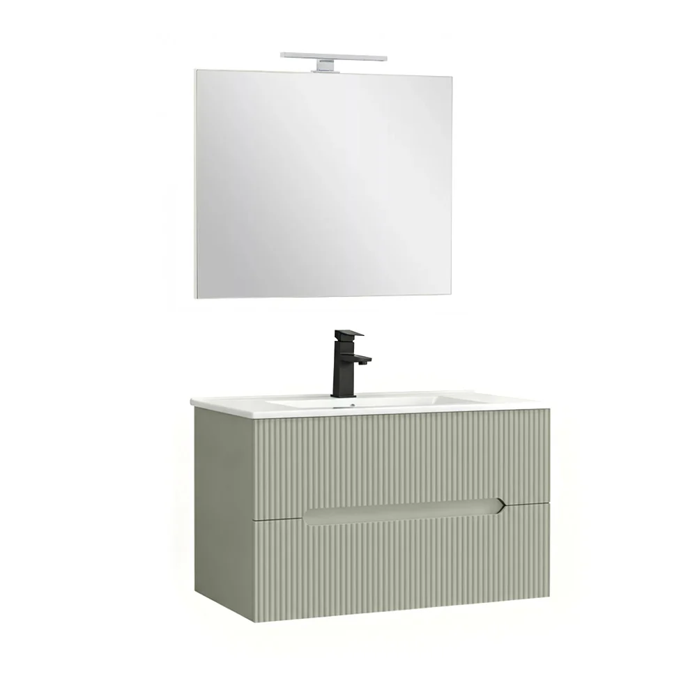 Trent Fürdőszobabútor 80 cm kerámia mosdóval (2 fiókos) tükörrel 60x80 cm olivazöld