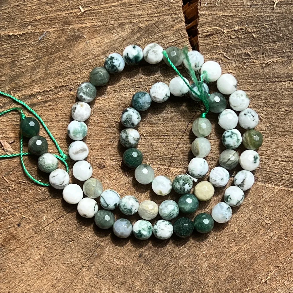 Metszett féldrágakő gyöngysor, csiszolt gömbök MOSS AGATE