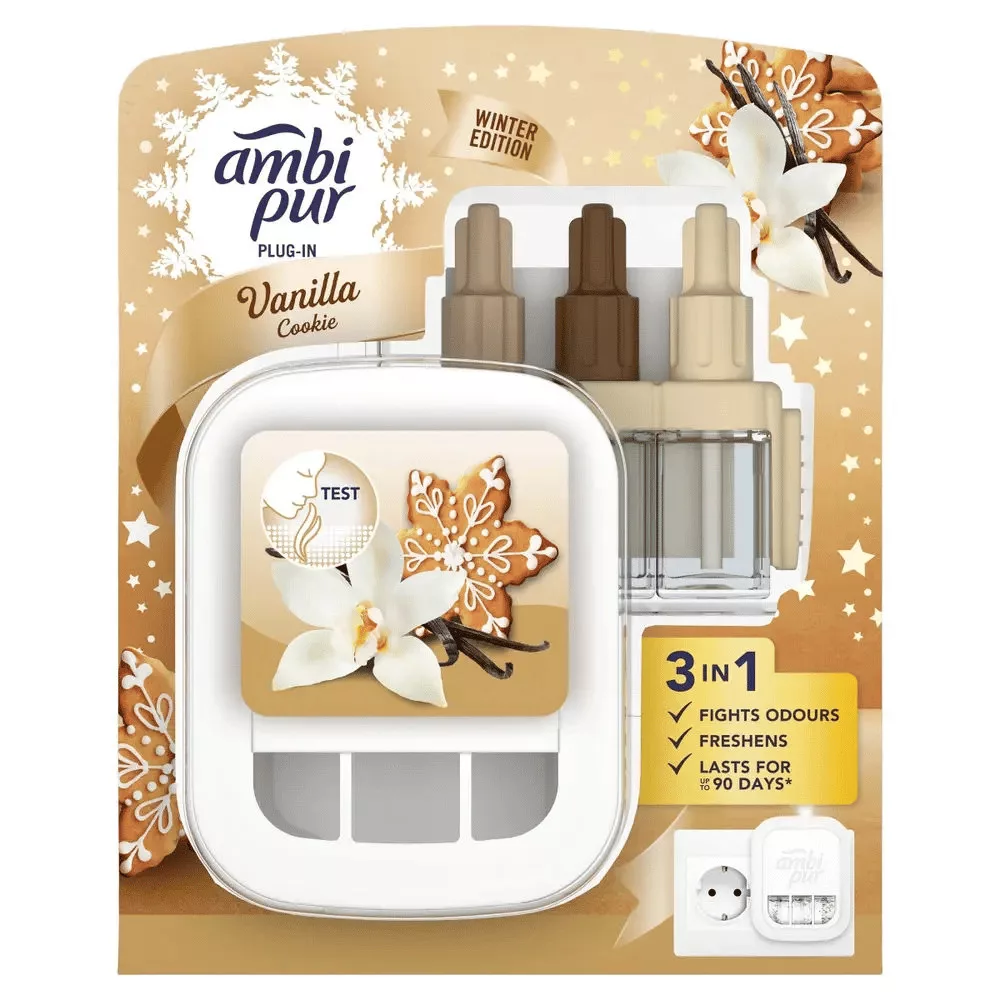 Ambi Pur Plug- Vanilla Cookie elektromos légfrissítő készülék + utántöltők – Winter Edition, akár 90 napos hatással
