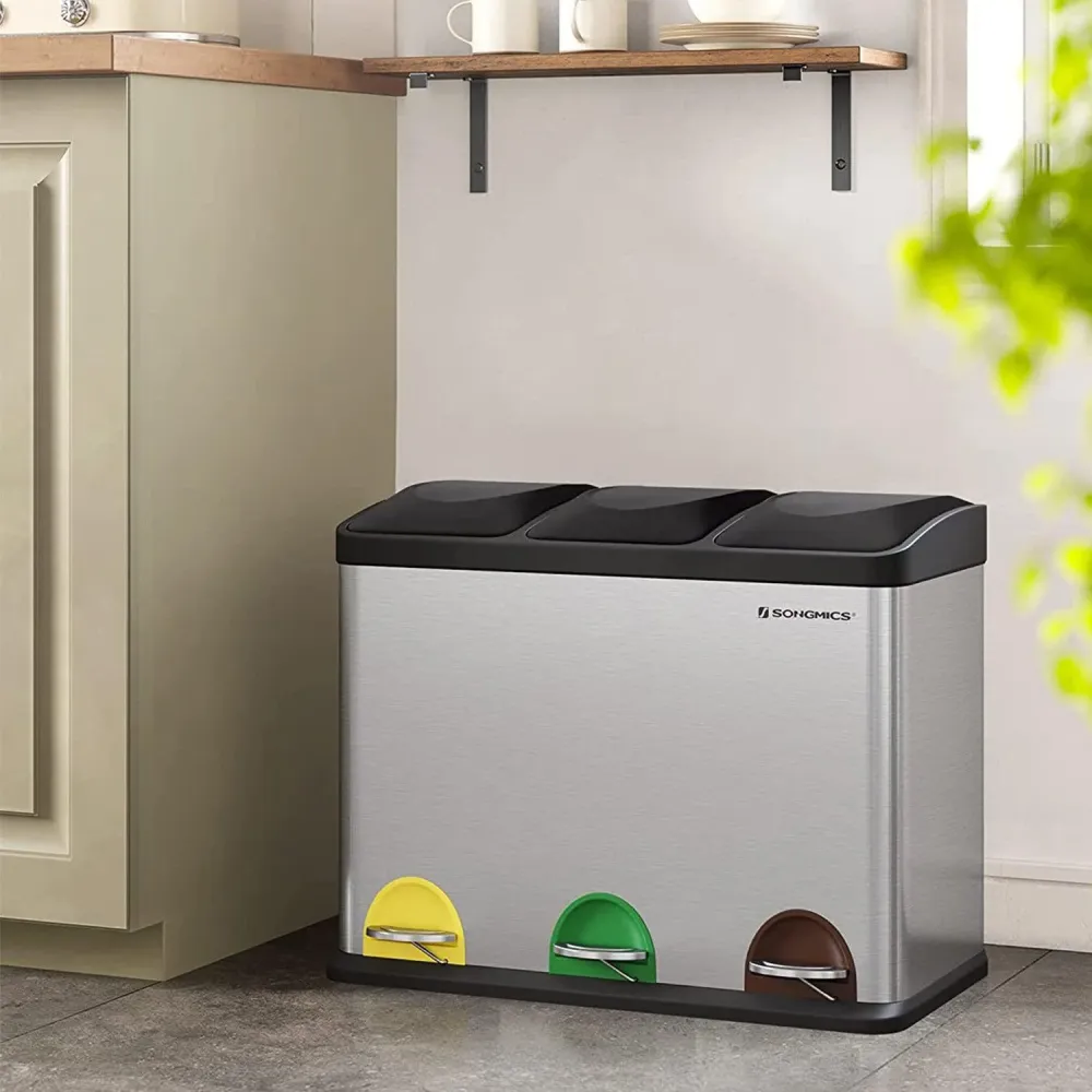 Pedálos szemetes rozsdamentes, szelektív szemétgyűjtő 45L(3 x 15L)