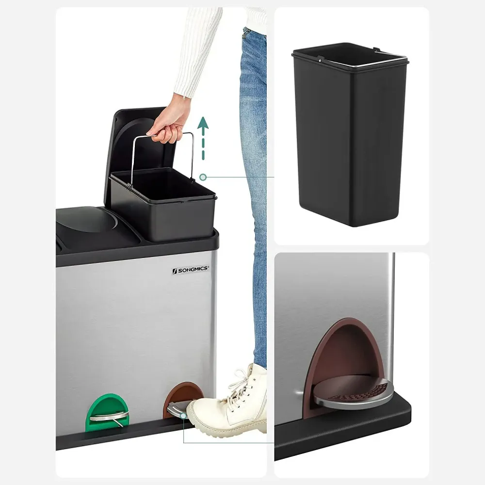 Pedálos szemetes rozsdamentes, szelektív szemétgyűjtő 45L(3 x 15L)