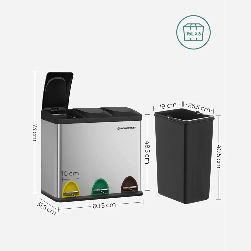 Pedálos szemetes rozsdamentes, szelektív szemétgyűjtő 45L(3 x 15L)