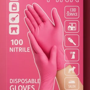 Rózsaszín nitril eldobható kesztyűk – 100 darab – Pormentes és latexmentes – Egy méret – Extra erős