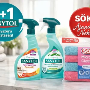 Sanytol Fertőtlenítő Tisztítószer 1+1 Csomag + Söke Mikroszálas Kendő Szett (4 db) – Ajándék Kendőkkel