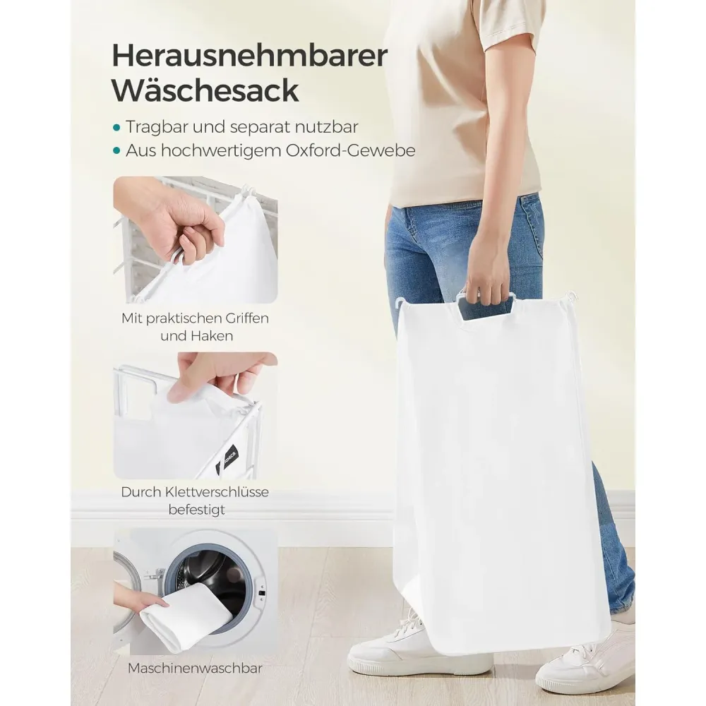 Szennyeskosár, 90 l, összecsukható szennyeskosár kerekekkel, felhőfehér