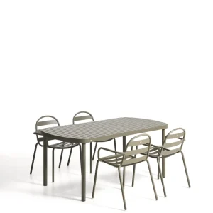 Joncols szett asztallal és 4 szék grafit alumíniummal, sötétszürke szintetikus kötéllel, 180 (235) x 90cm