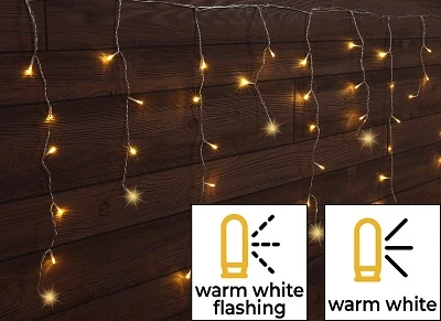 Karácsonyi sziporkázó jégcsap fényfüggöny, kül/beltér 230VAC, 5+10M, 250LED, 6W, 2600-2700K, IP44