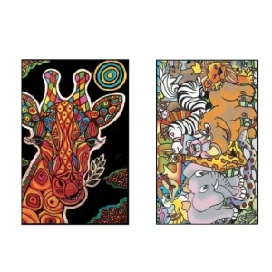Kreatív képszett mini COLORVELVET "ZOO"12*18 cm, flokkolt felületű, színezhető,4 db 12-es filctoll készlettel TP3