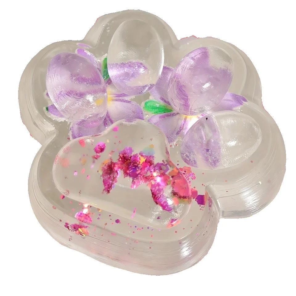 Antistress Squishy játék, Vivimall, bolyhos macskamancs, lassan visszanyerő, 7 x 6,5 cm, virágminta 2, átlátszó