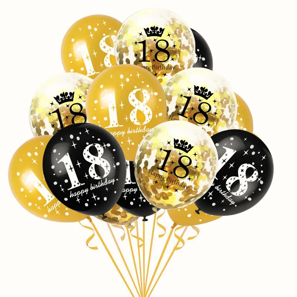 18 darabos születésnapi lufi szett, Vivimall, latex, fémes, "18 Happy Birthday" felirattal, 30 cm, konfettivel, arany/fekete