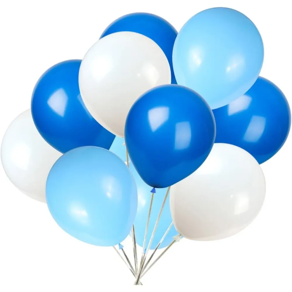 10 db-os Fémhatású Latex Léggömb Szett, Vivimall, Party Mintás, Fehér, Kék, 23 cm, 2.2 g