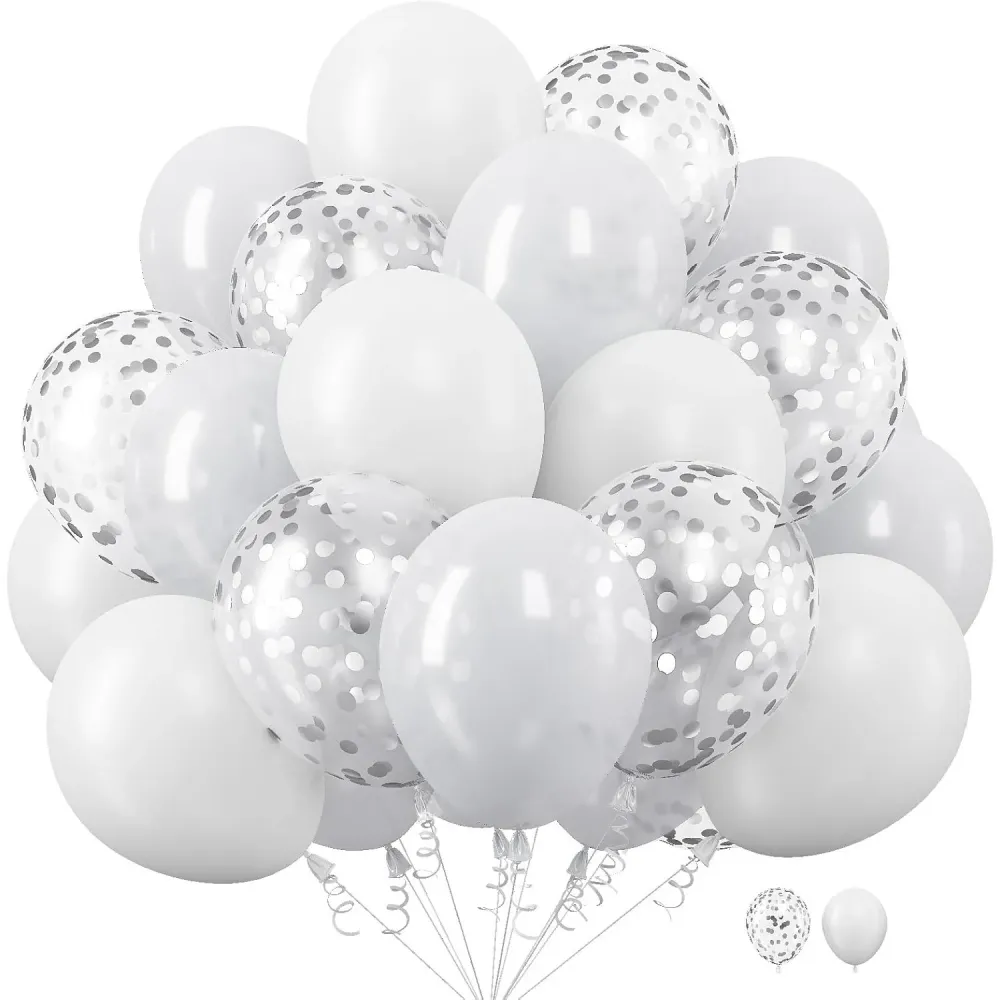 10 db-os Latex Lufi Készlet, 30 cm, 5 db Fehér, 5 db Konfetti, 2,8 g