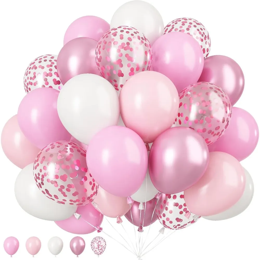16 db-os metál latex lufi szett, Vivimall, Party modell, 30 cm, Fehér, Rózsaszín, Króm rózsaszín, Átlátszó konfetti 2,8 g