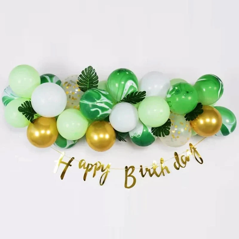 Dekoratív latex léggömbök és Happy Birthday banner, Vivimall, Évfordulós modell, 37 darabos szett, zöld, arany, fehér