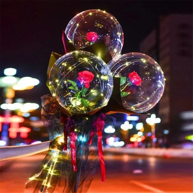 Dekoratív virágcsokor szett, Vivimall, Rózsás léggömb LED fényekkel, Átmérő 35 cm, 2 x AA elem (nem tartozék), Piros/Fekete