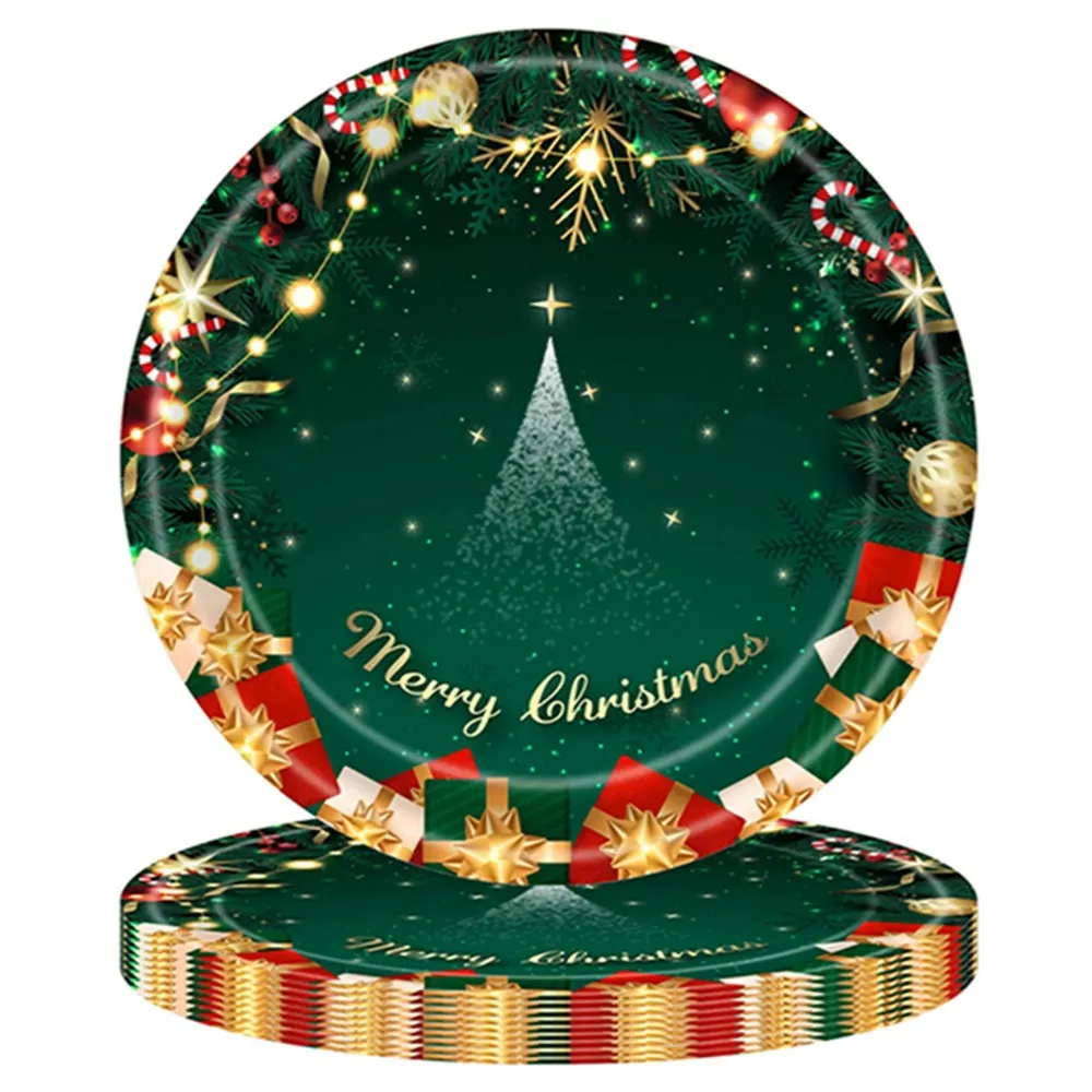 16 db eldobható tányér, Vivimall, karácsonyfa mintás, Merry Christmas, karácsonyi téma, 18 cm, zöld
