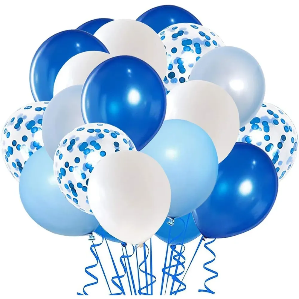 16 db fémhatású latex lufi, Vivimall, Party modell, 30 cm, fehér, kék, krómkék, átlátszó konfetti 2,8 g