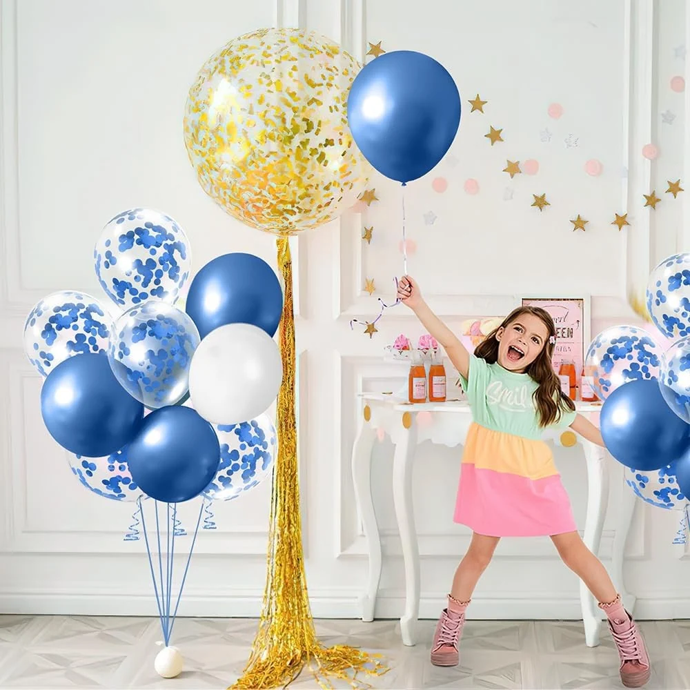 16 db fémhatású latex lufi, Vivimall, Party modell, 30 cm, fehér, kék, krómkék, átlátszó konfetti 2,8 g