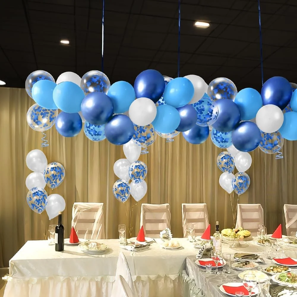 16 db fémhatású latex lufi, Vivimall, Party modell, 30 cm, fehér, kék, krómkék, átlátszó konfetti 2,8 g