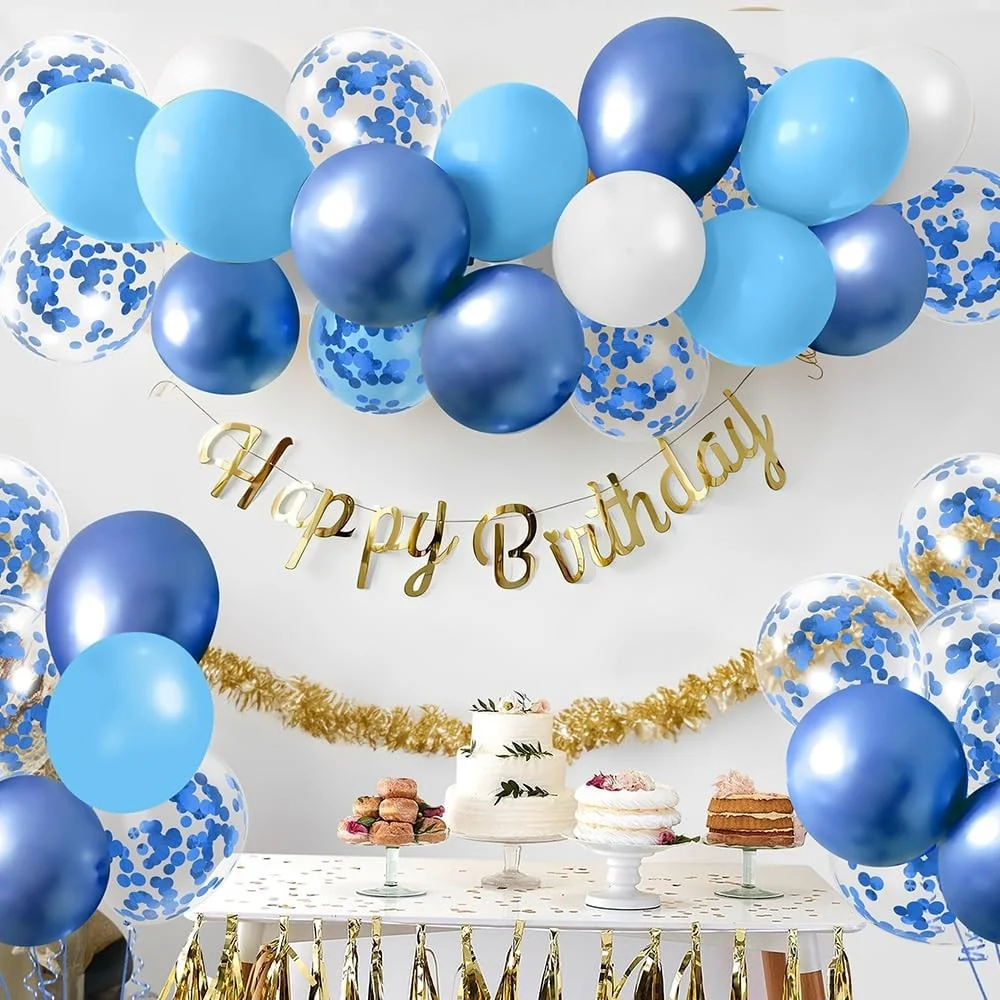 16 db fémhatású latex lufi, Vivimall, Party modell, 30 cm, fehér, kék, krómkék, átlátszó konfetti 2,8 g