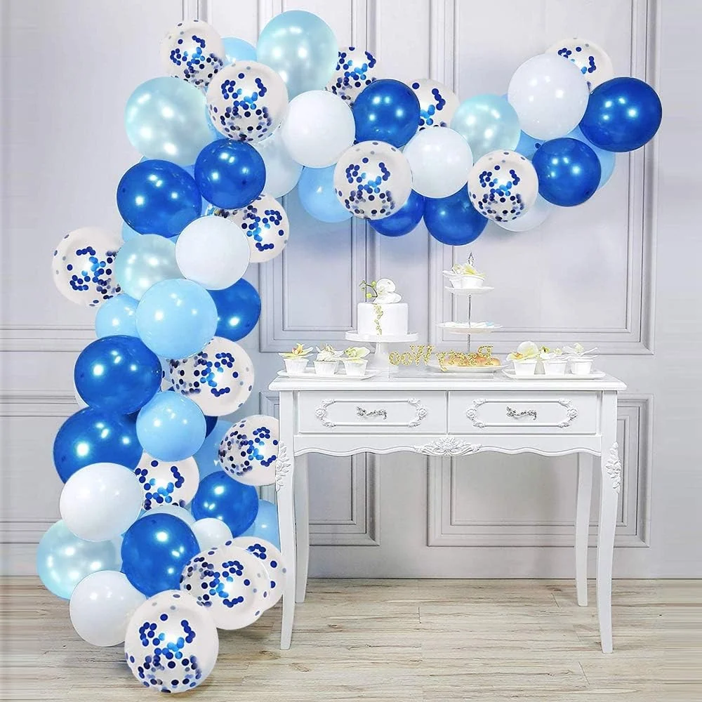 16 db fémhatású latex lufi, Vivimall, Party modell, 30 cm, fehér, kék, krómkék, átlátszó konfetti 2,8 g