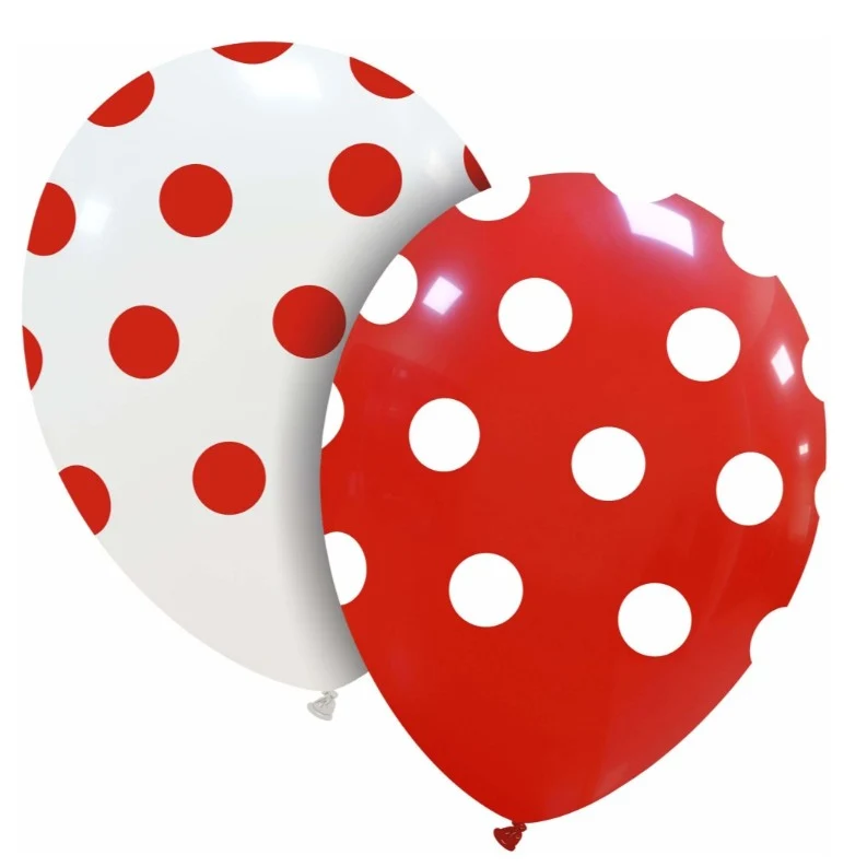 10 db latex lufi készlet, Vivimall, pöttyös buli mintával, 30 cm, fehér és piros, 2,8 g