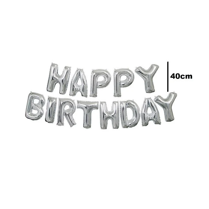 Vivimall fólia lufi szett, Happy Birthday, 40 cm, ezüst