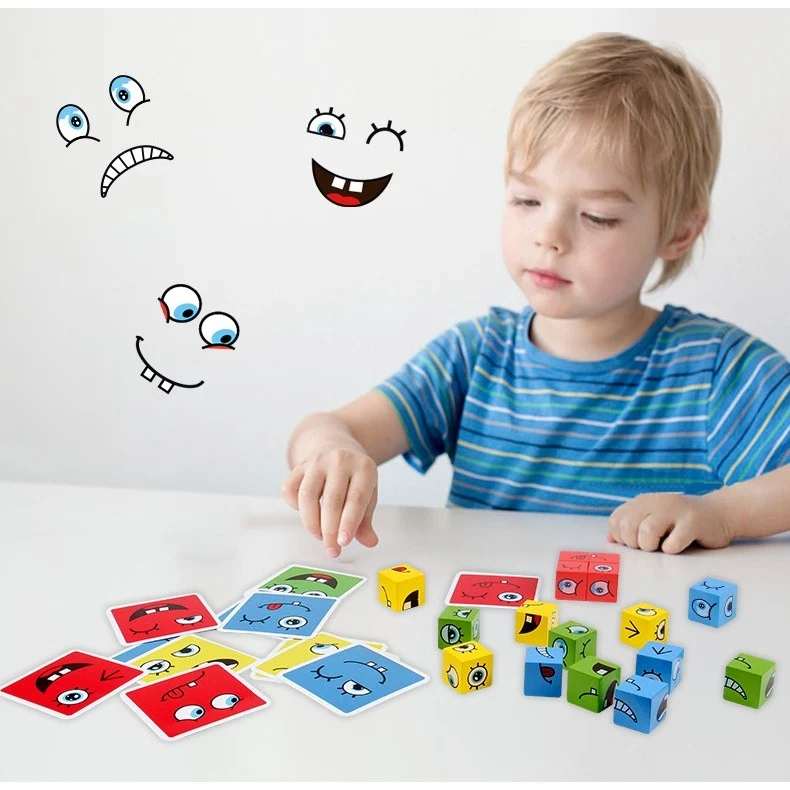 Vivimall Montessori gyermekjáték, fa kocka, arccsere, 64 szórakoztató kártya, fiúknak és lányoknak, +3 év, oktató, többszínű
