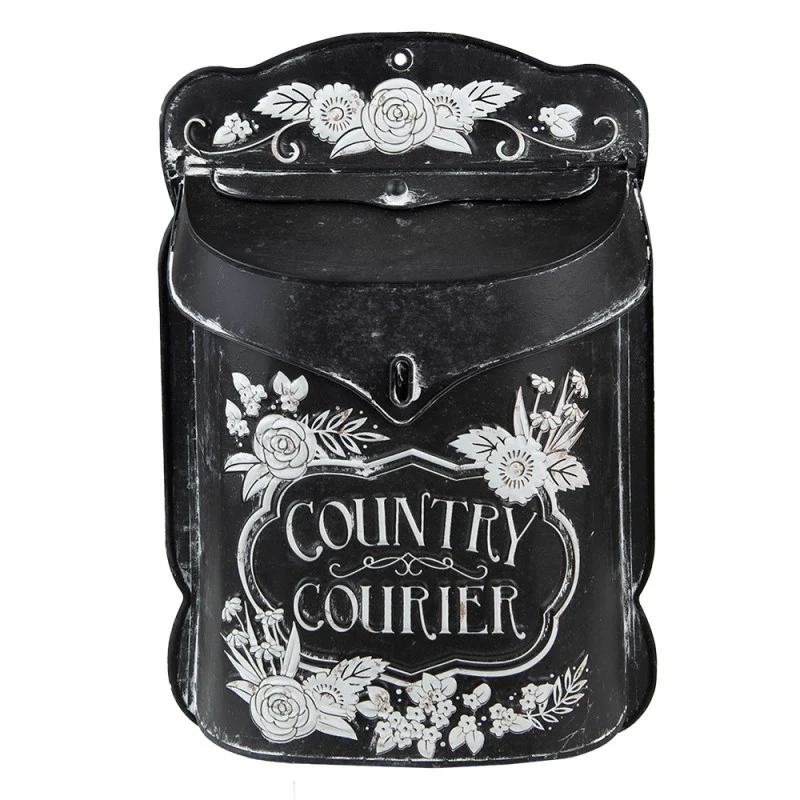 Vintage fém fekete postaláda fehér virágokkal Country Courier