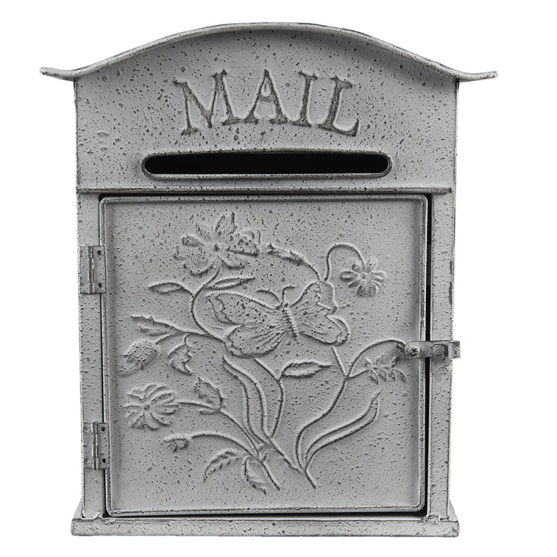 Vintage fém szürkés fehér postaláda virágokkal, pillangóval MAIL
