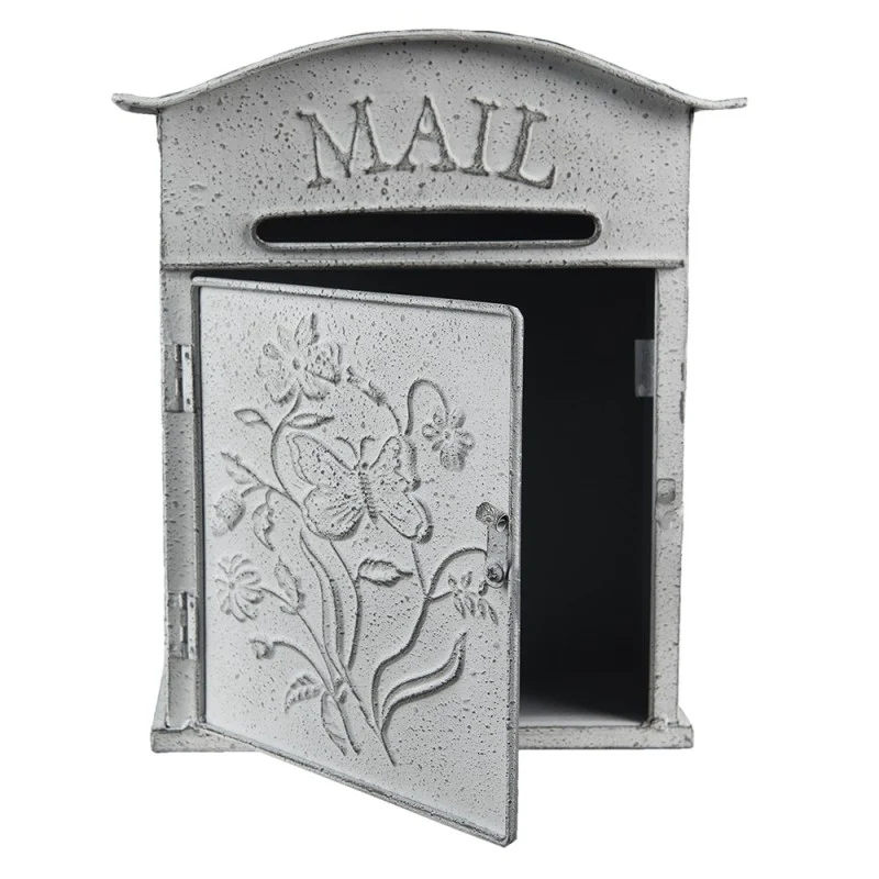 Vintage fém szürkés fehér postaláda virágokkal, pillangóval MAIL
